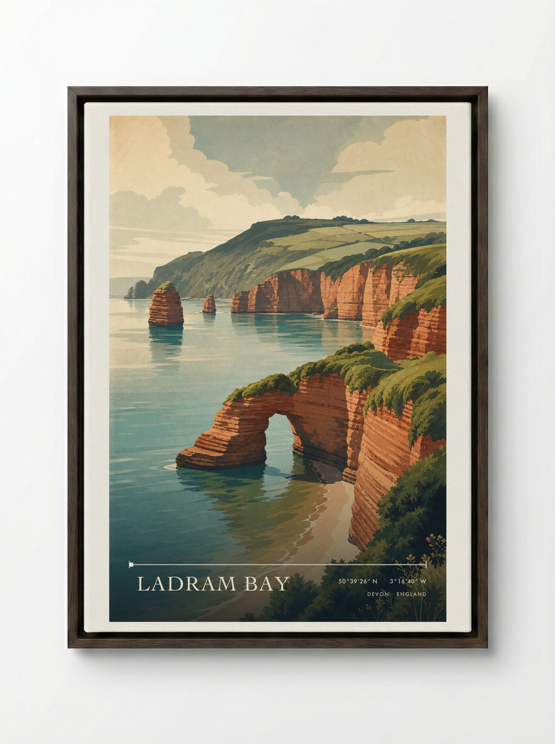 Ladram Bay Devon England Travel Poster - Framed Canvas Dark Wood