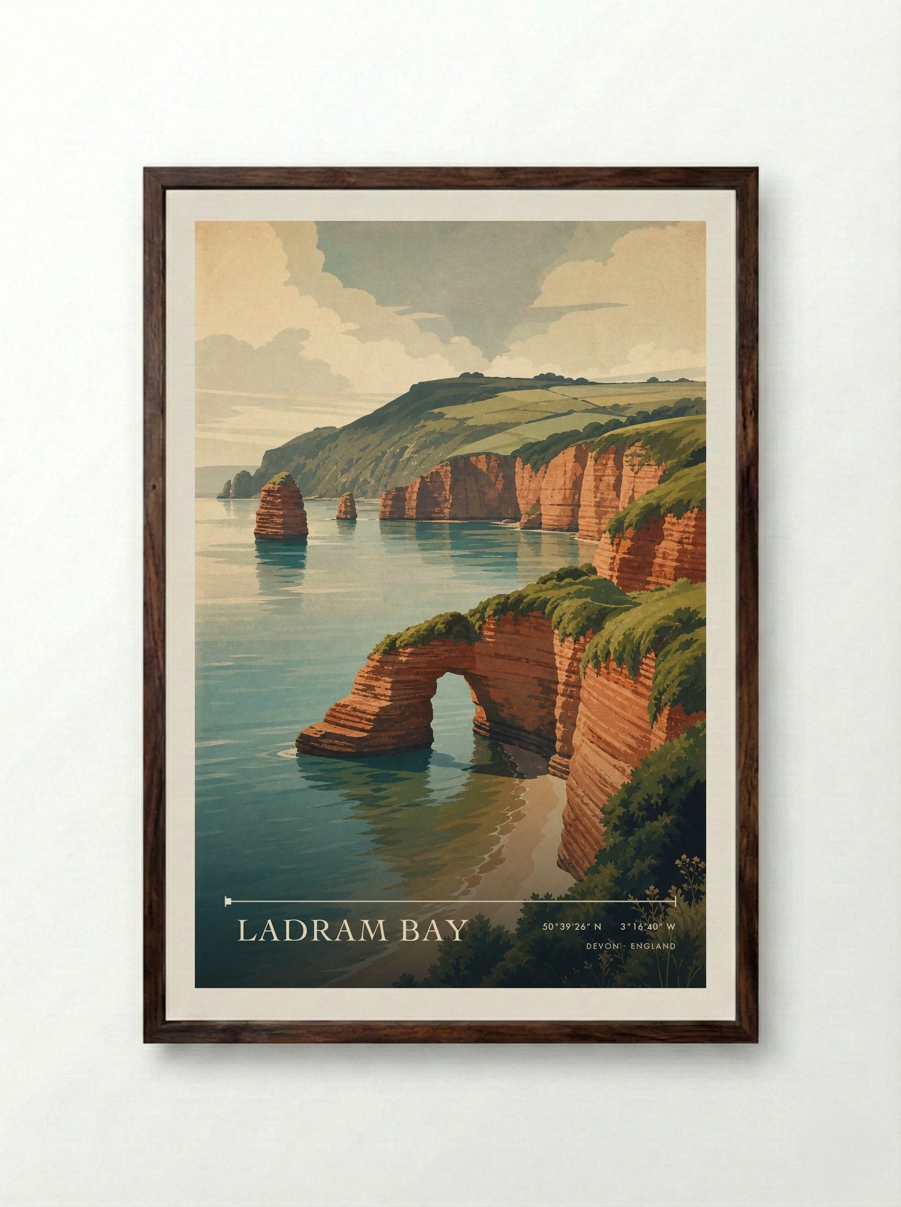 Ladram Bay Devon England Travel Poster - Framed Print Dark Wood