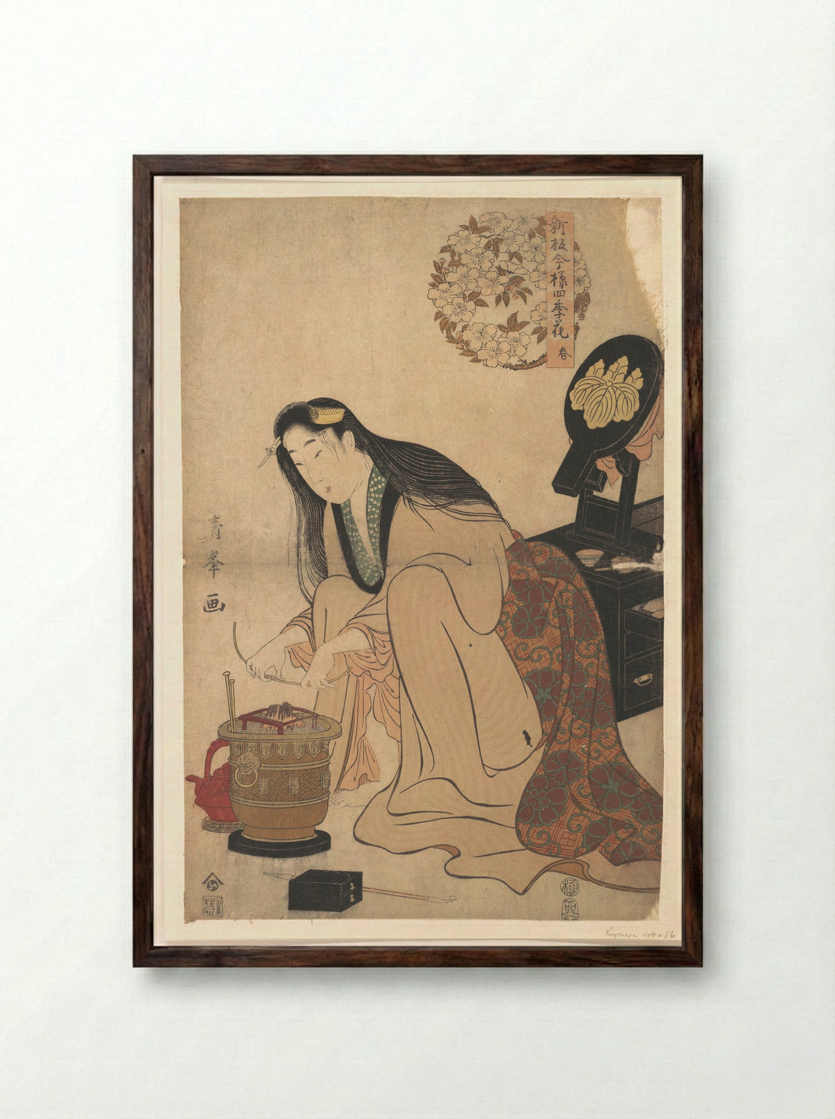 Lady Arranging Binsashi to put in Her Hair - Torii Kiyomine - Framed Print Dark Wood