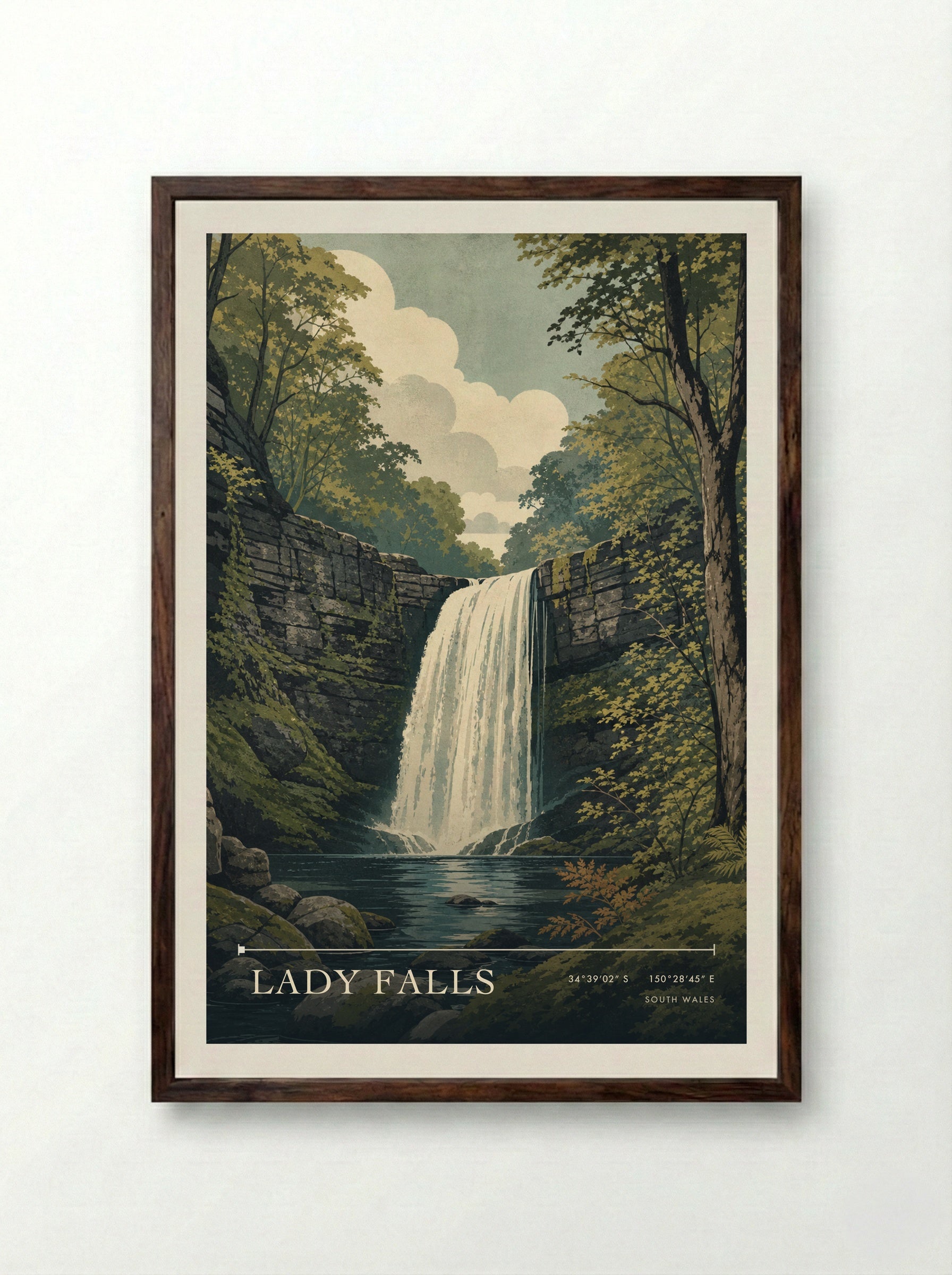Lady Falls South Wales Wales Travel Poster - Framed Print Dark Wood
