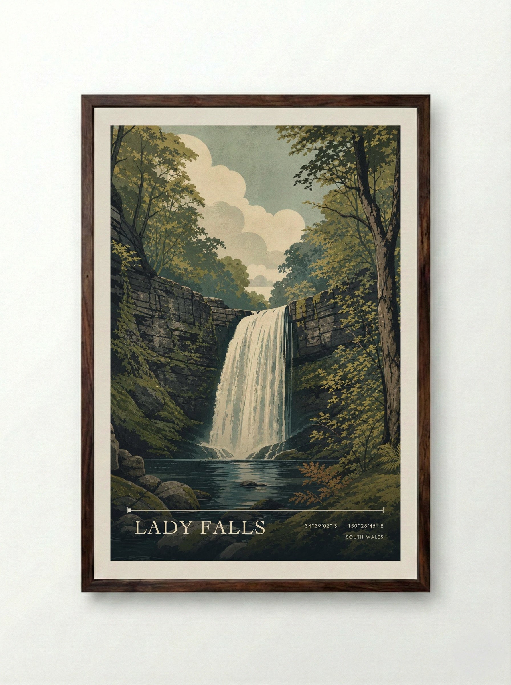 Lady Falls South Wales Wales Travel Poster - Framed Print Dark Wood