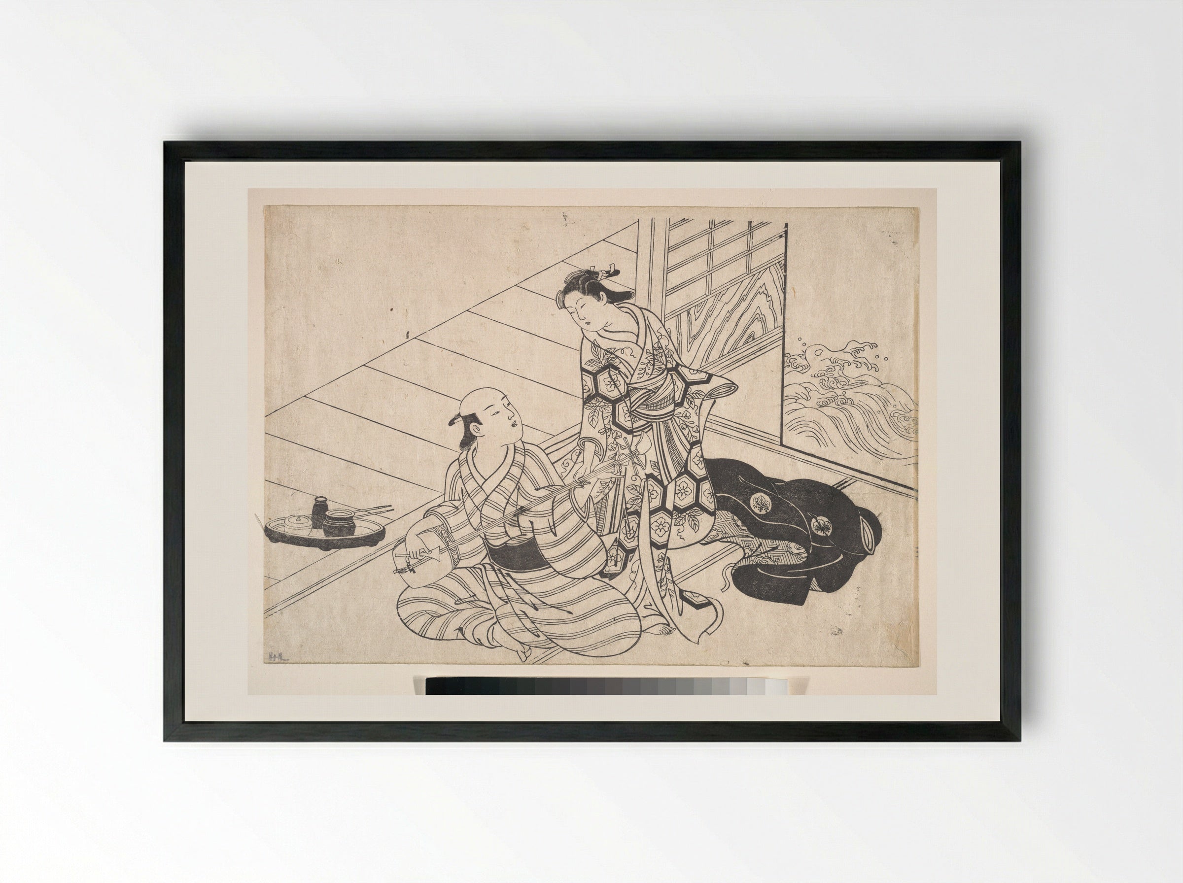 Lady Interrupting Her Lover, who is Playing the Shamisen - Nishikawa Sukenobu - Framed Print Black