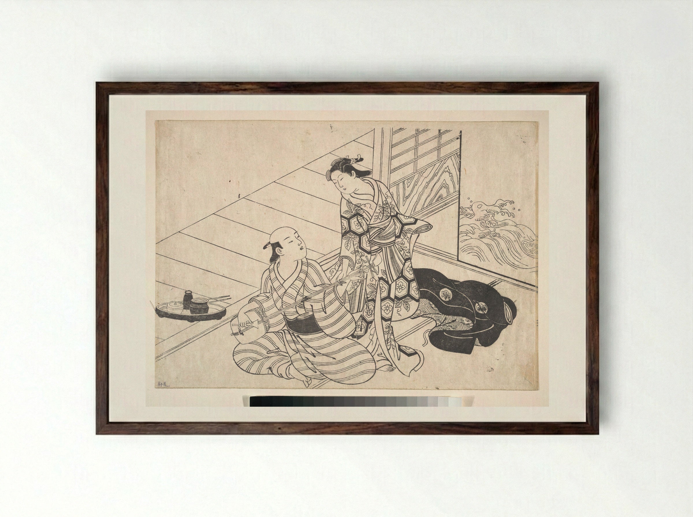 Lady Interrupting Her Lover, who is Playing the Shamisen - Nishikawa Sukenobu - Framed Print Dark Wood