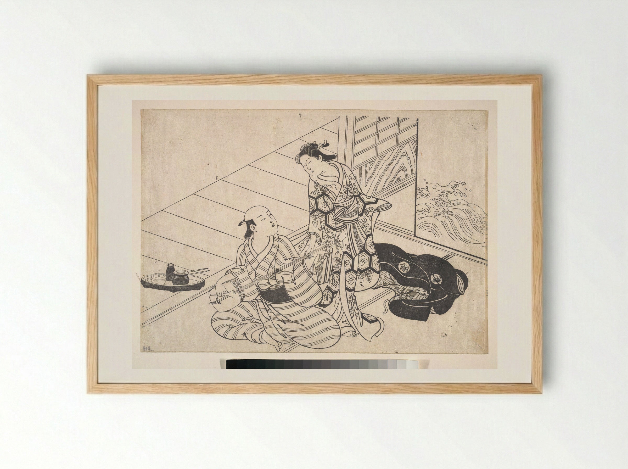 Lady Interrupting Her Lover, who is Playing the Shamisen - Nishikawa Sukenobu - Framed Print Wood