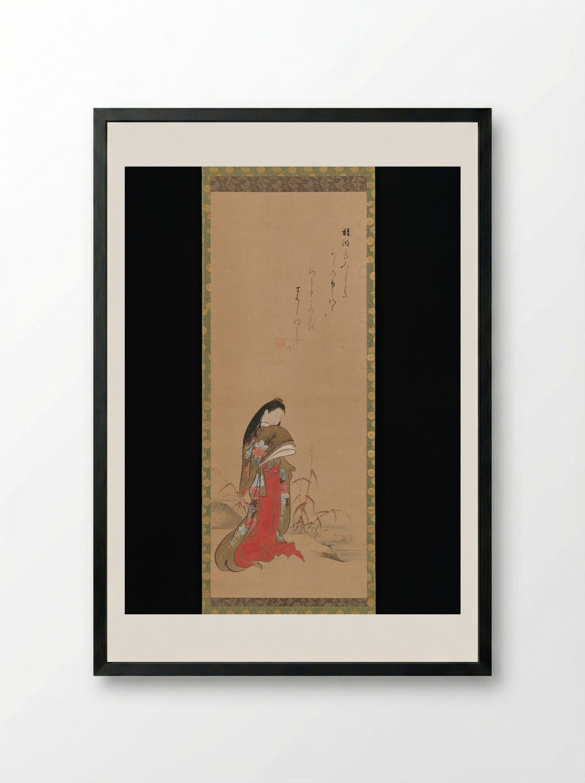 Lady Ise by the Riverbank - Nishikawa Sukenobu - Framed Print Black