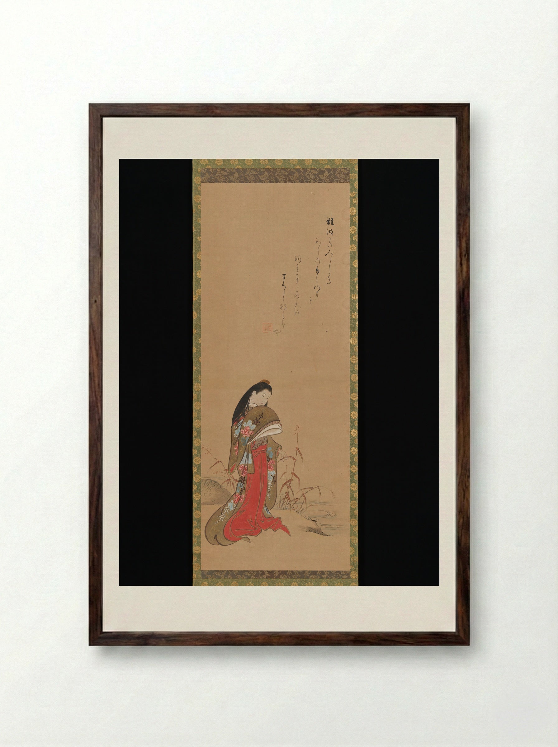 Lady Ise by the Riverbank - Nishikawa Sukenobu - Framed Print Dark Wood