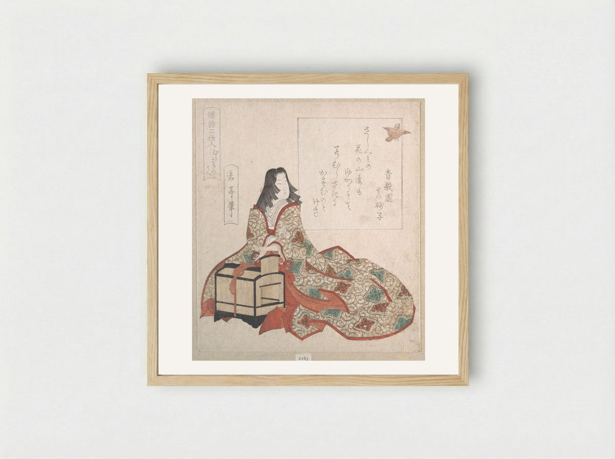 Lady Murasaki Sets a Bird Free from a Cage - Yashima Gakutei - Framed Print Wood