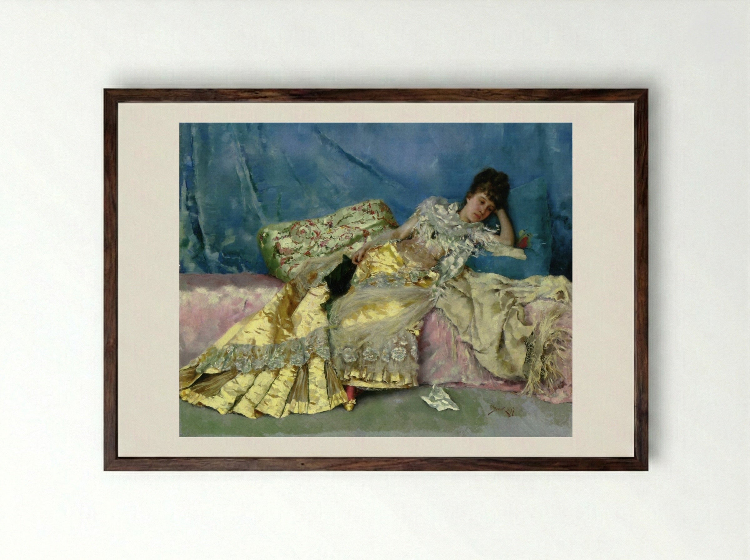 Lady On A Pink Divan - Julius LeBlanc Stewart - Framed Print Dark Wood