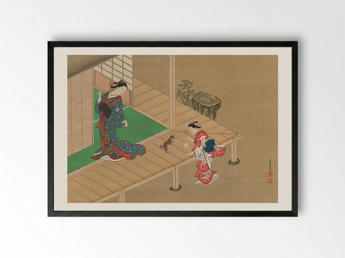 Lady Playing with a Dog on a Veranda - Nishikawa Sukenobu - Framed Print Black