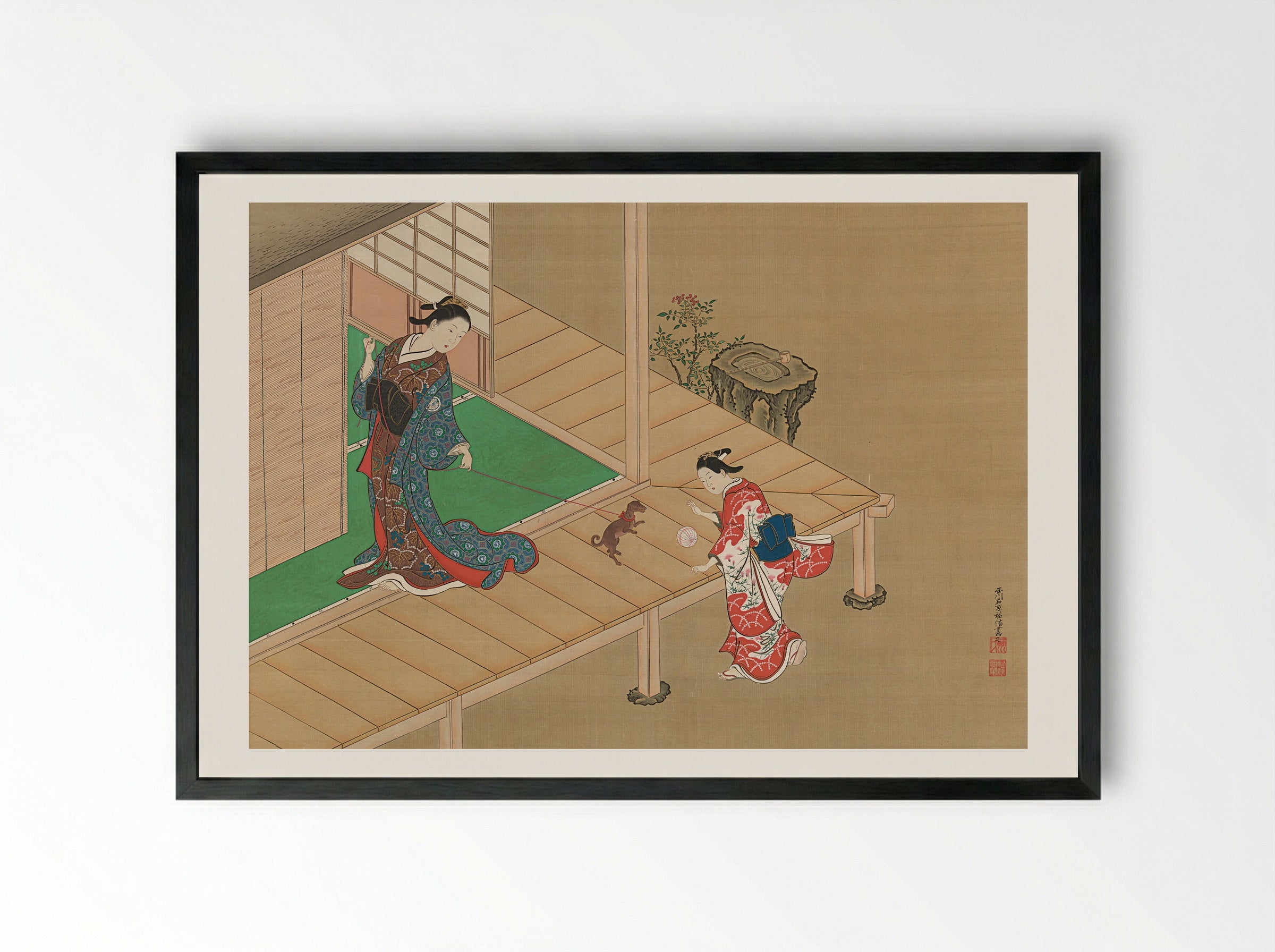 Lady Playing with a Dog on a Veranda - Nishikawa Sukenobu - Framed Print Black