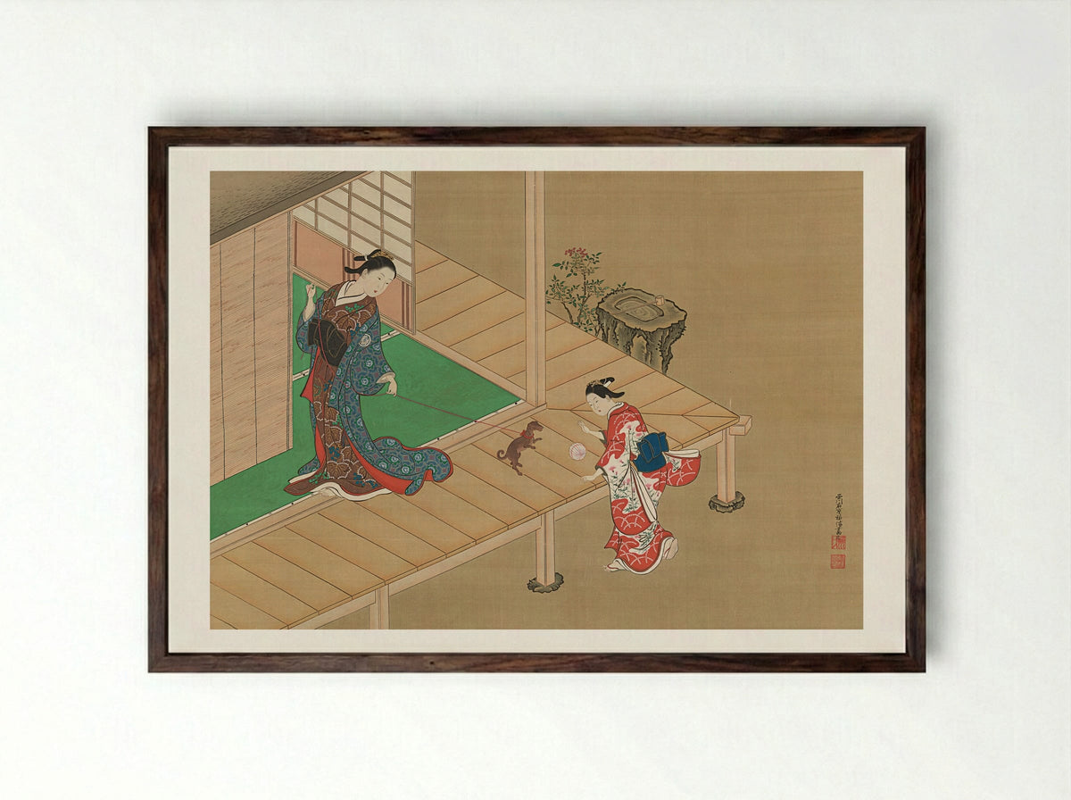 Lady Playing with a Dog on a Veranda - Nishikawa Sukenobu - Framed Print Dark Wood
