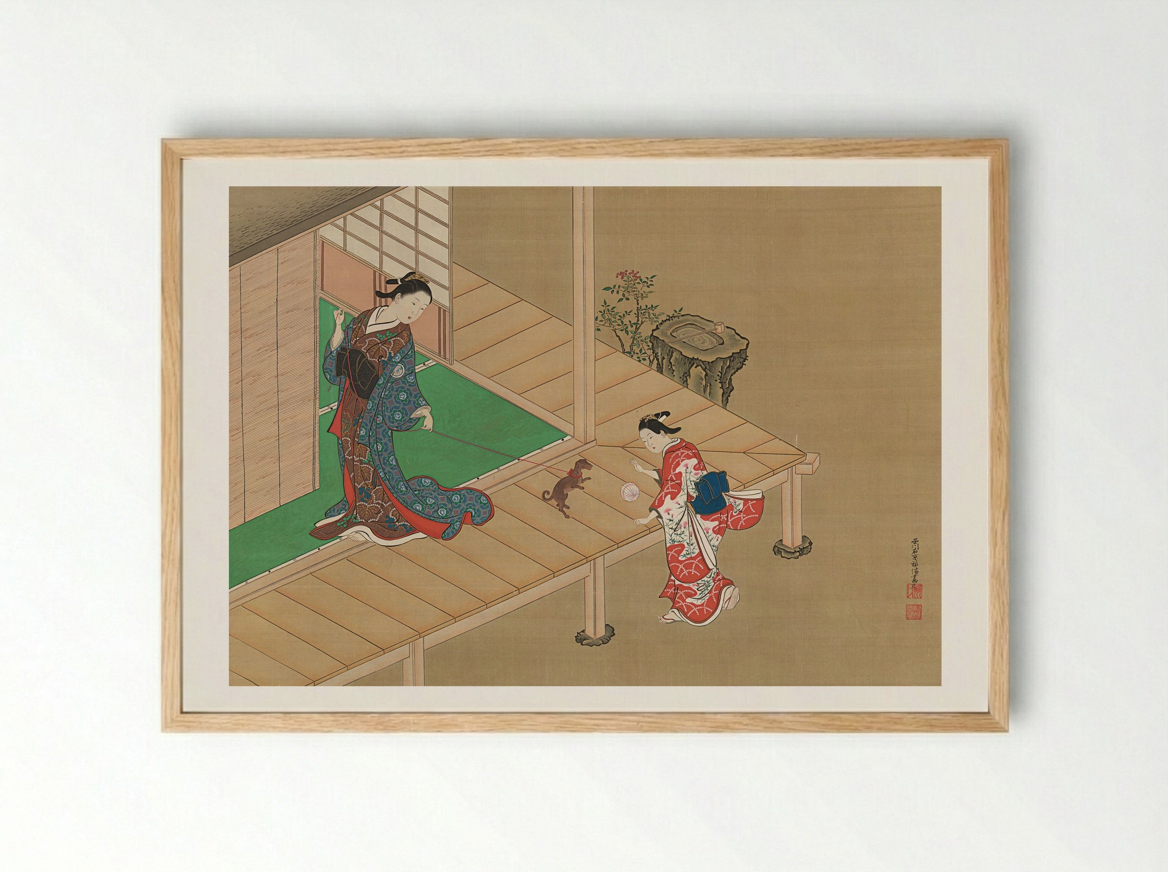 Lady Playing with a Dog on a Veranda - Nishikawa Sukenobu - Framed Print Wood