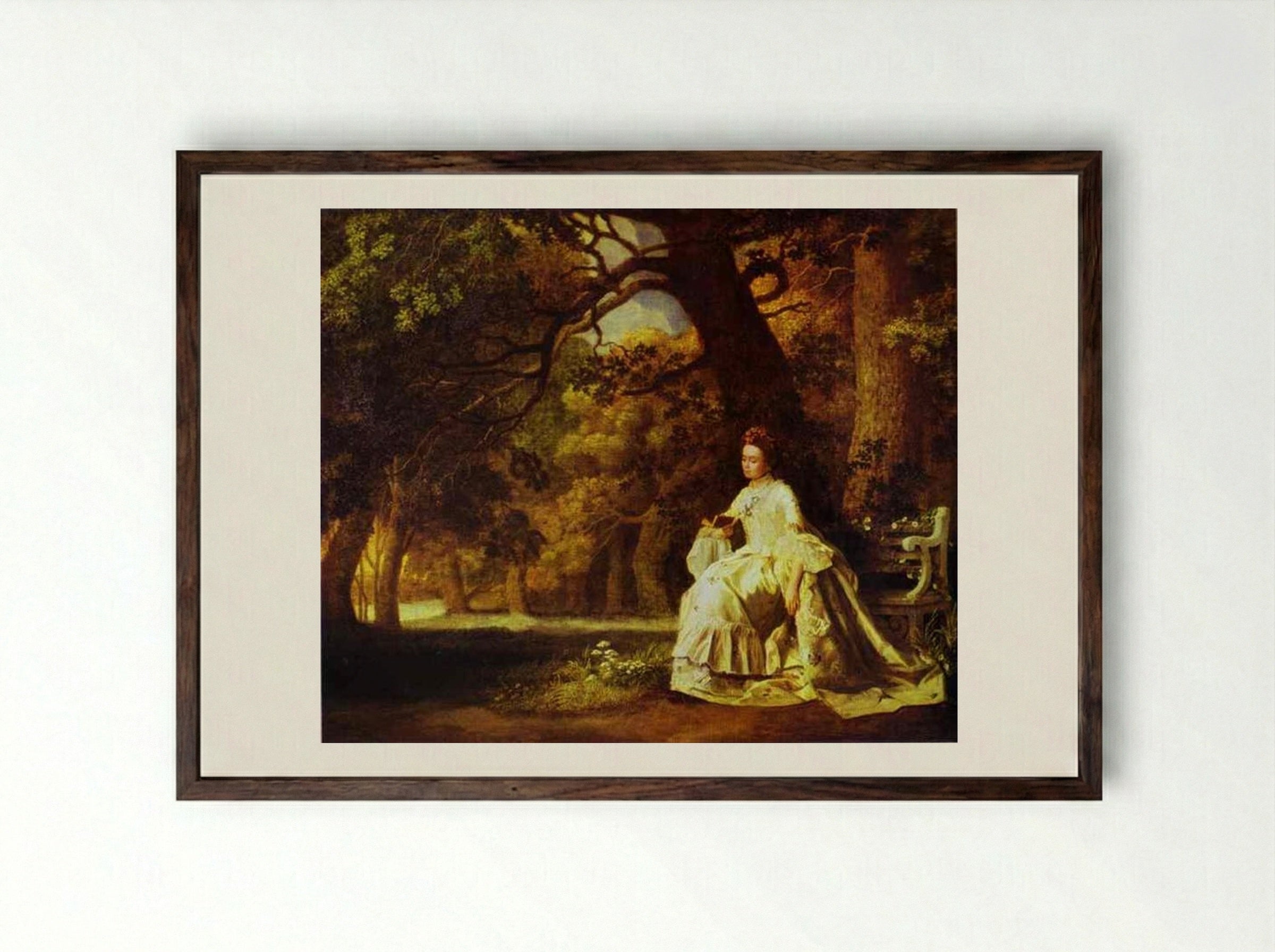 Lady Reading in a Wooded Park - George Stubbs - Framed Print Dark Wood