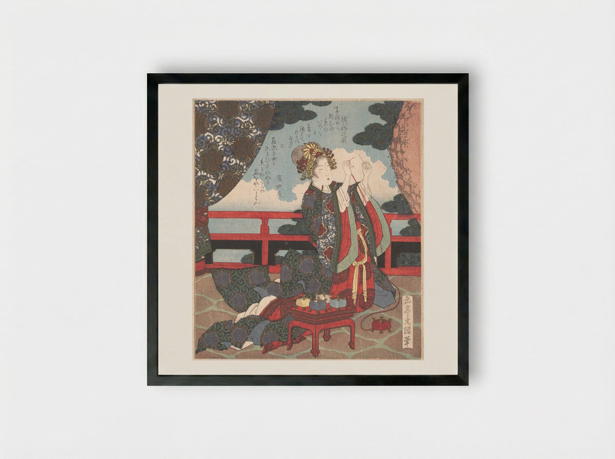 Lady Threading Needle on Verandah - Yashima Gakutei - Framed Print Black
