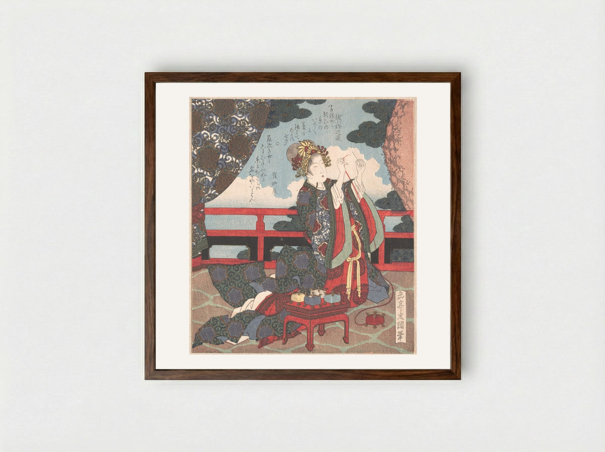 Lady Threading Needle on Verandah - Yashima Gakutei - Framed Print Dark Wood