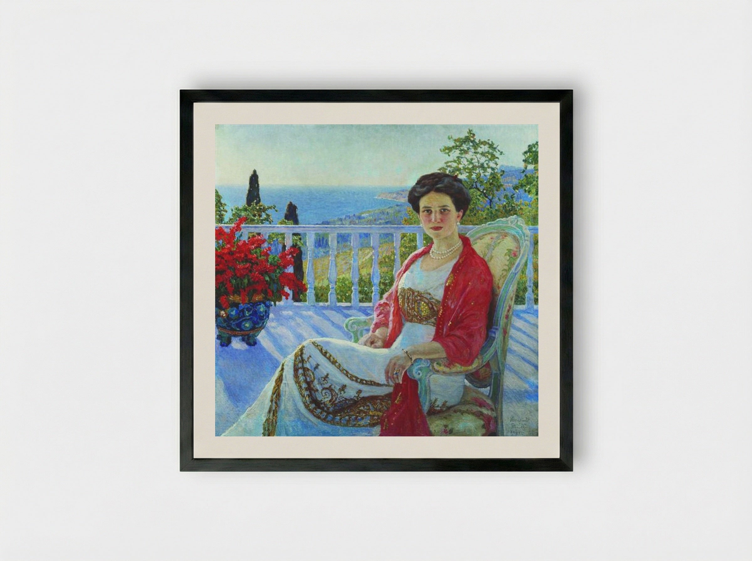 Lady on a Balcony, Koreiz - Nikolay Bogdanov-Belsky - Framed Print Black