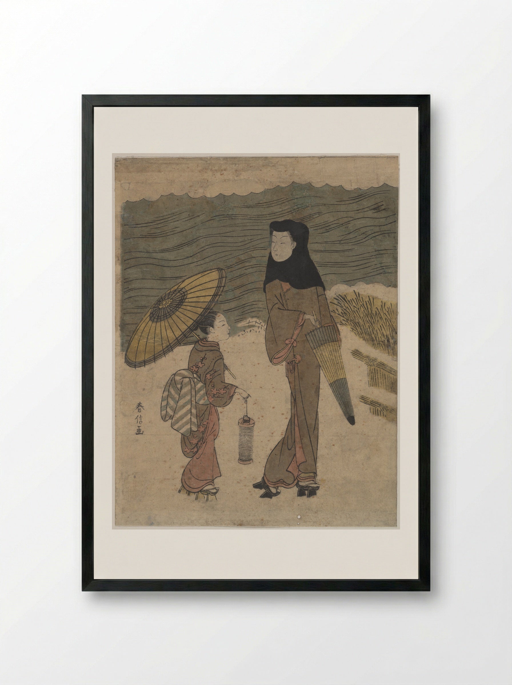 Lady with Black Hood and Umbrella Out Walking with Young Attendant - Suzuki Harunobu - Framed Print Black
