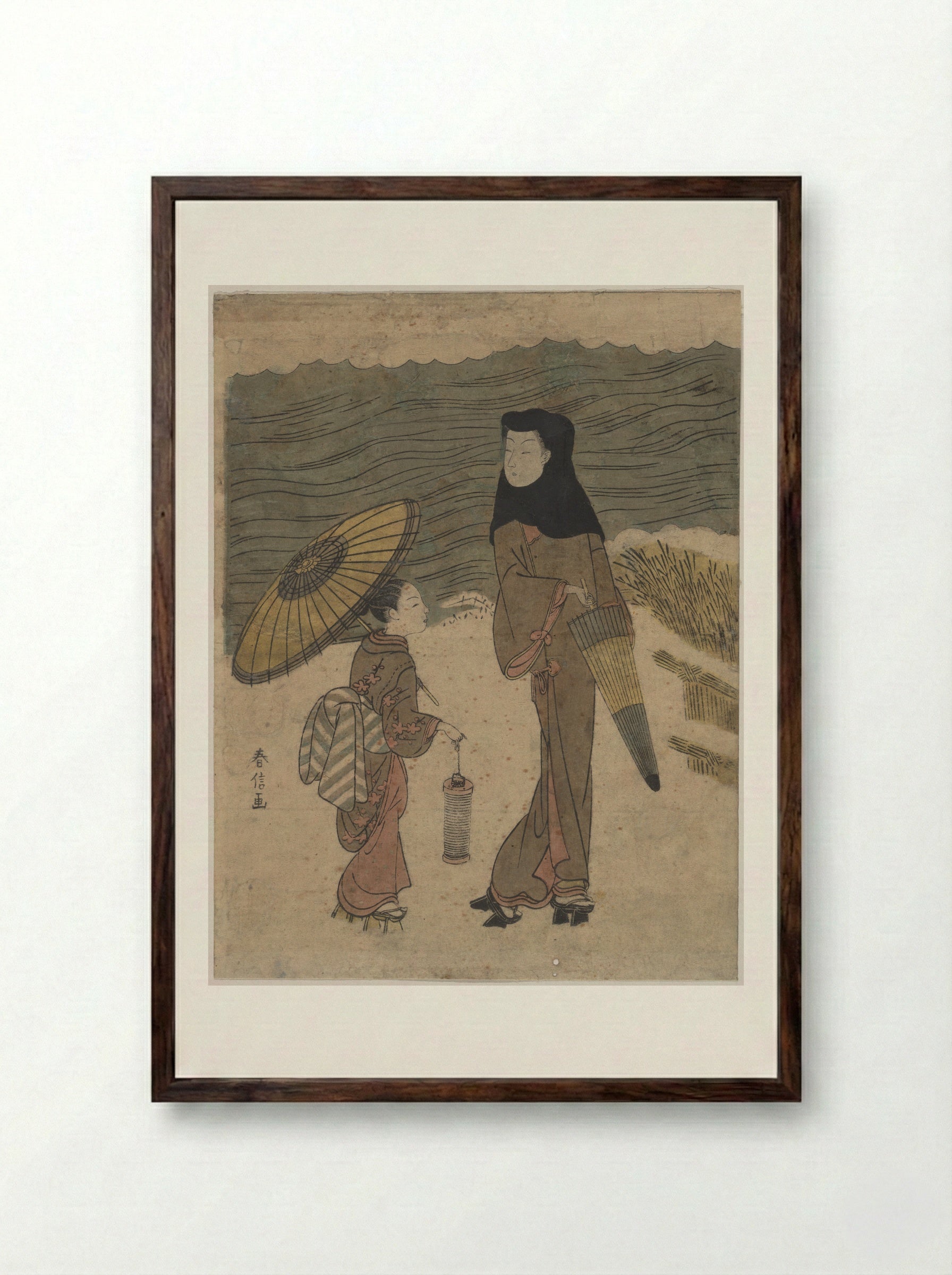 Lady with Black Hood and Umbrella Out Walking with Young Attendant - Suzuki Harunobu - Framed Print Dark Wood