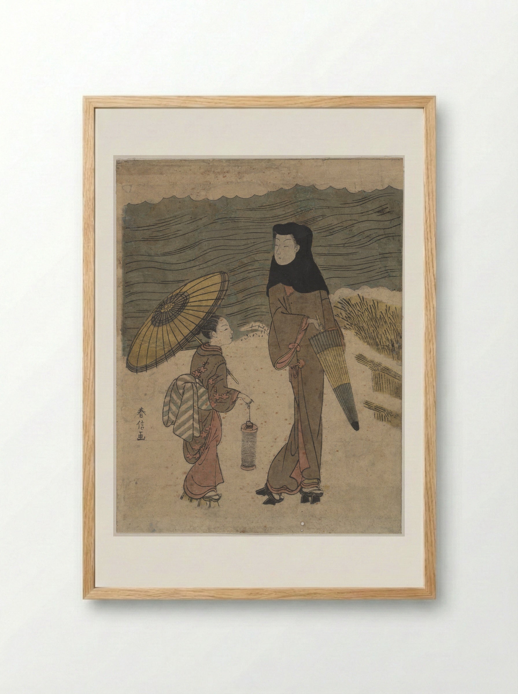 Lady with Black Hood and Umbrella Out Walking with Young Attendant - Suzuki Harunobu - Framed Print Wood