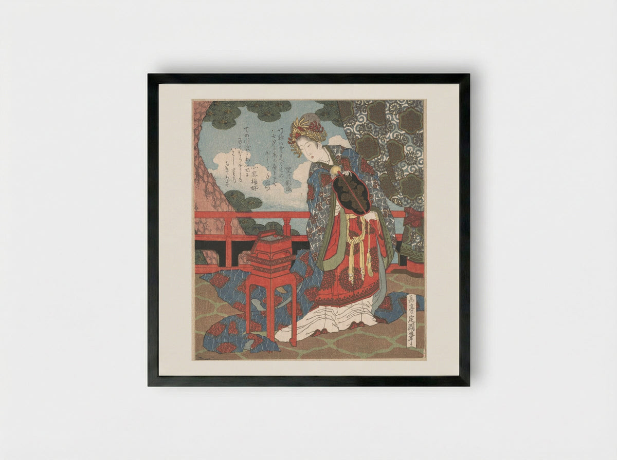 Lady with Fan Standing on Verandah - Yashima Gakutei - Framed Print Black