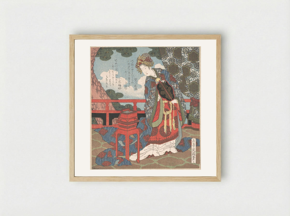 Lady with Fan Standing on Verandah - Yashima Gakutei - Framed Print Wood