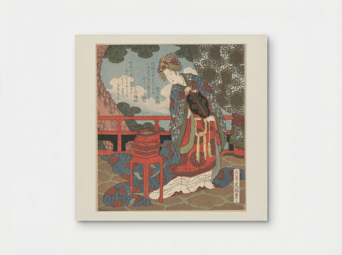 Lady with Fan Standing on Verandah - Yashima Gakutei - Poster