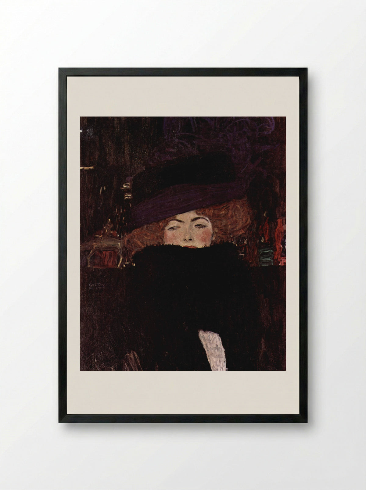 Lady with Hat and Feather Boa - Gustav Klimt - Framed Print Black
