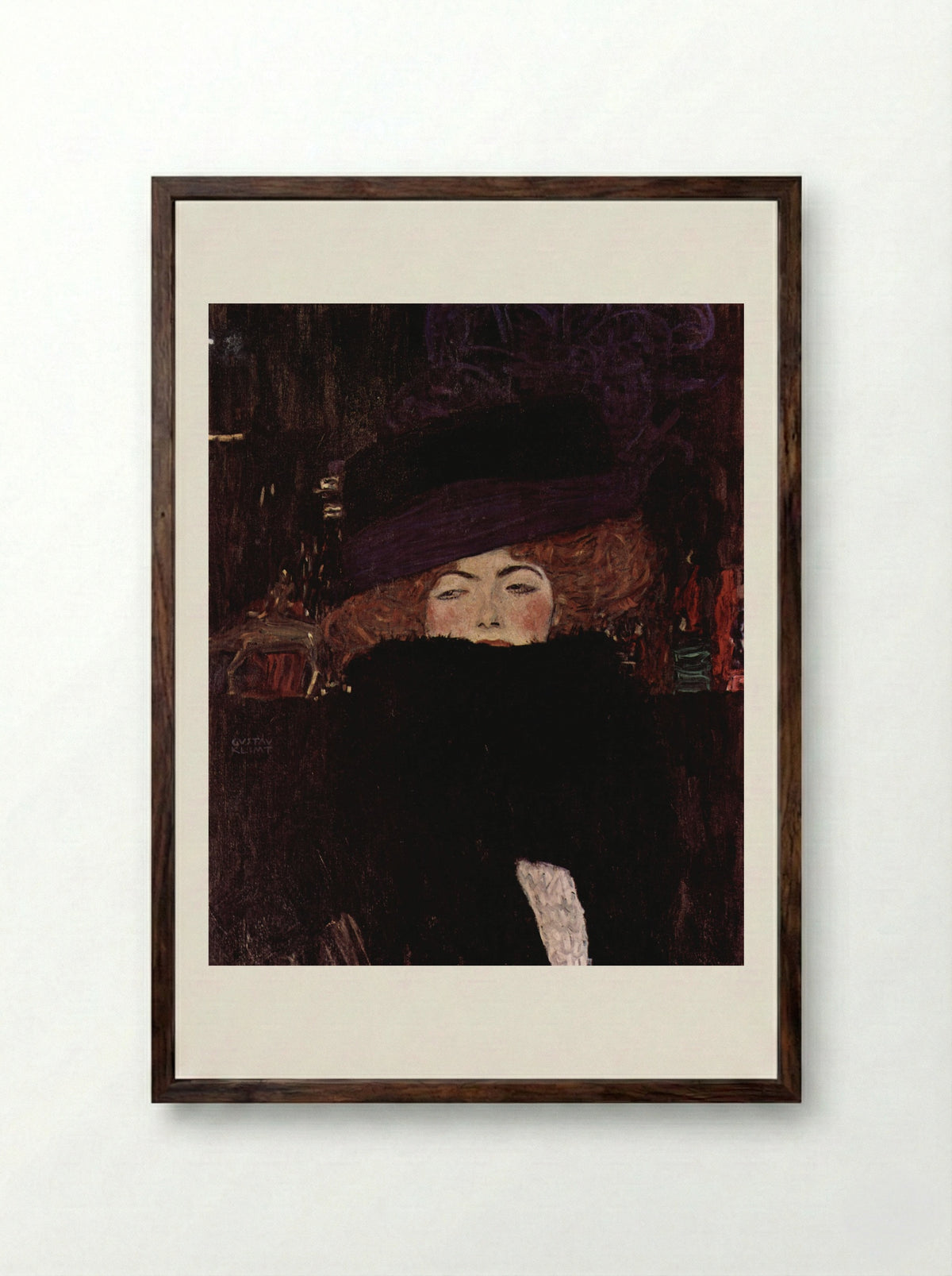 Lady with Hat and Feather Boa - Gustav Klimt - Framed Print Dark Wood
