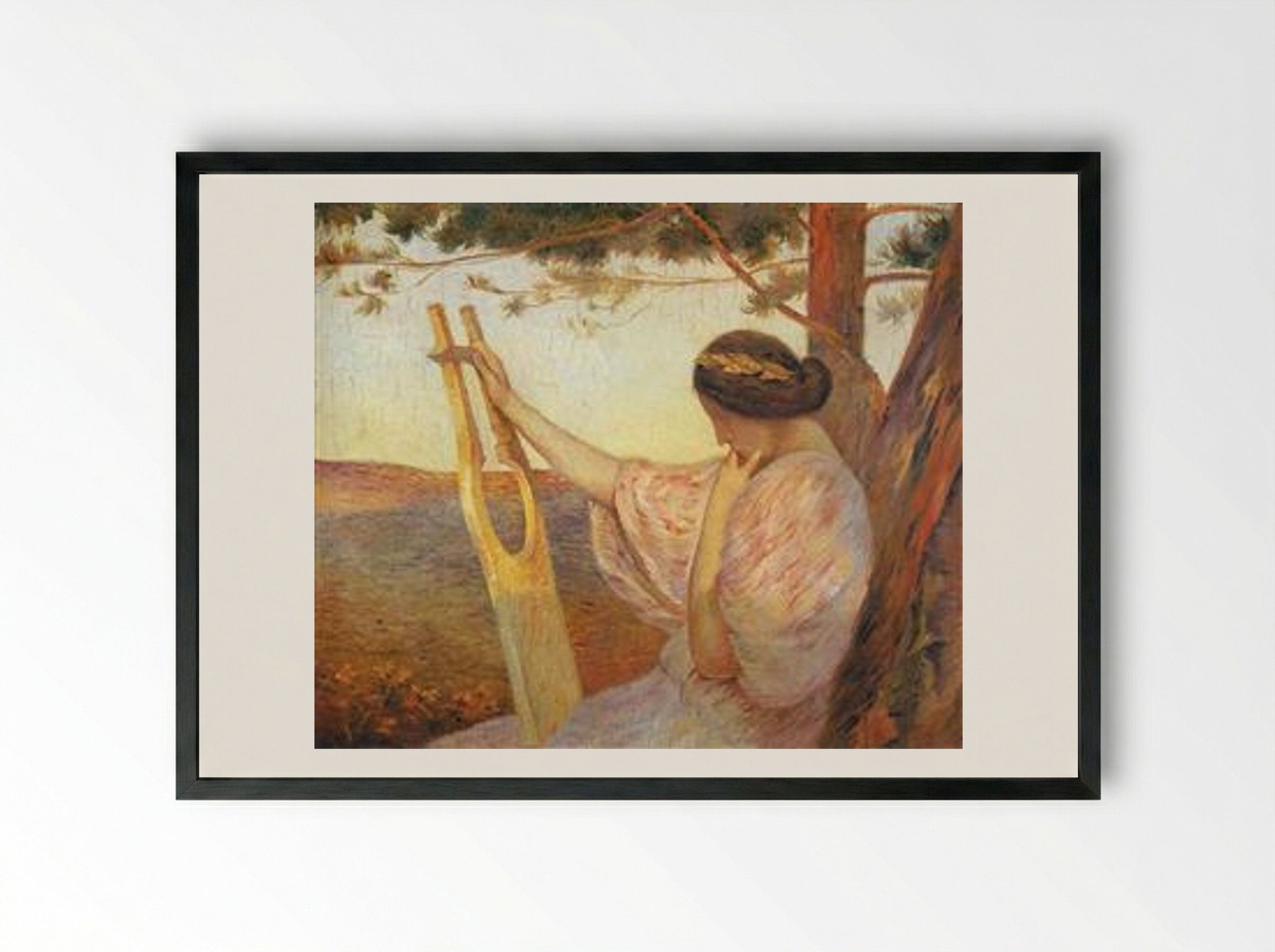 Lady with Lyre by Pine Trees - Henri Martin - Framed Print Black