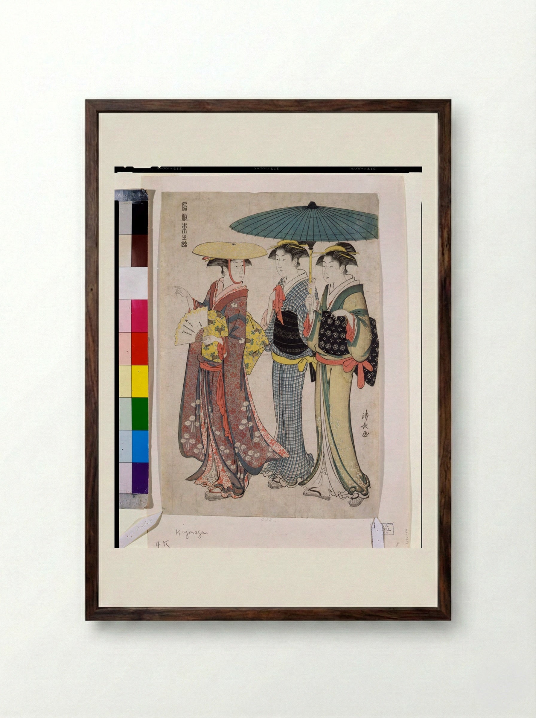 Lady with Two Servants, from the series Fuzoku azuma no nishiki - Torii Kiyonaga - Framed Print Dark Wood