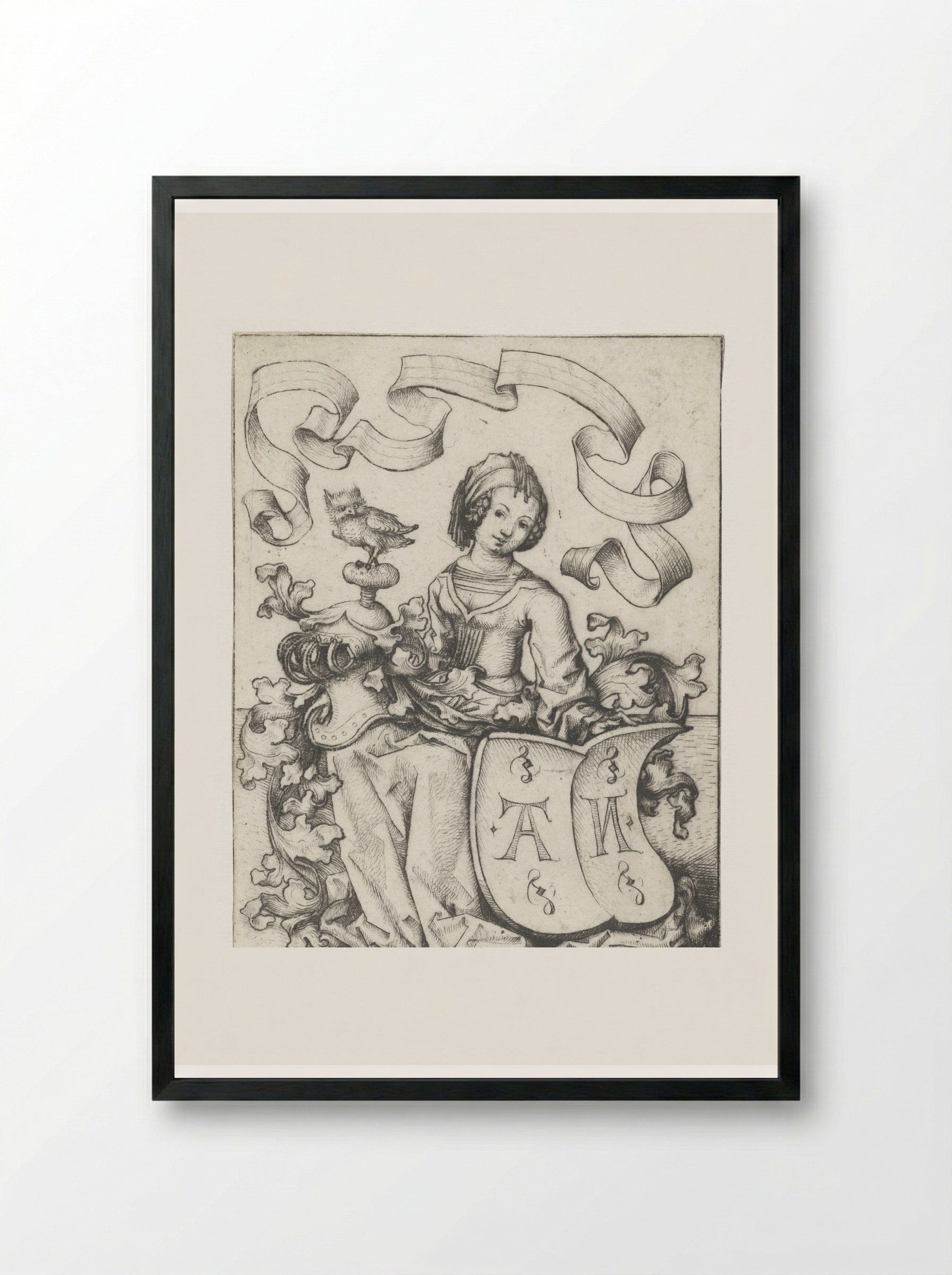 Lady with an Owl and a Coat of Arms with the Letters AN - Meester van het Amsterdamse Kabinet - Framed Print Black