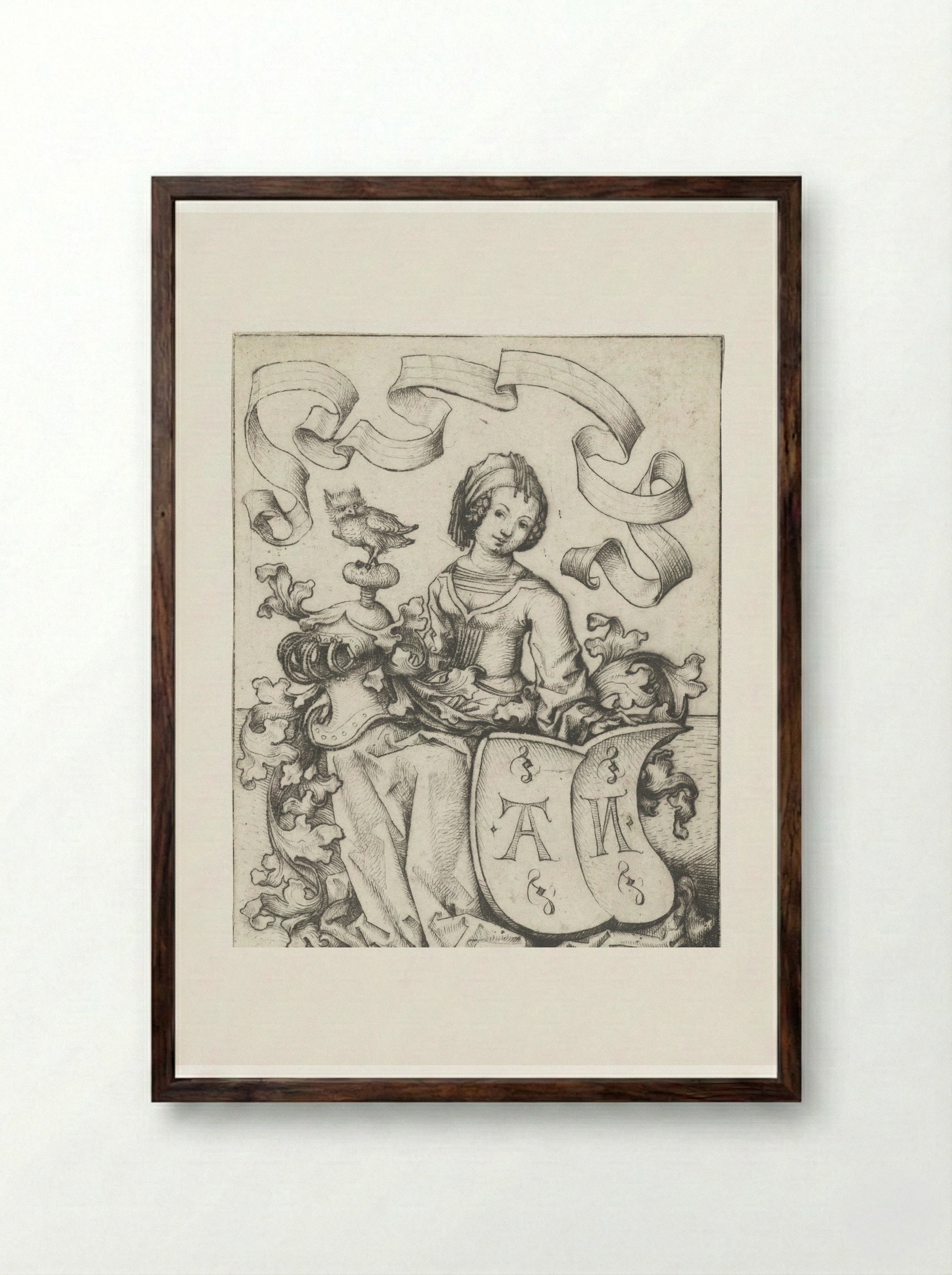 Lady with an Owl and a Coat of Arms with the Letters AN - Meester van het Amsterdamse Kabinet - Framed Print Dark Wood
