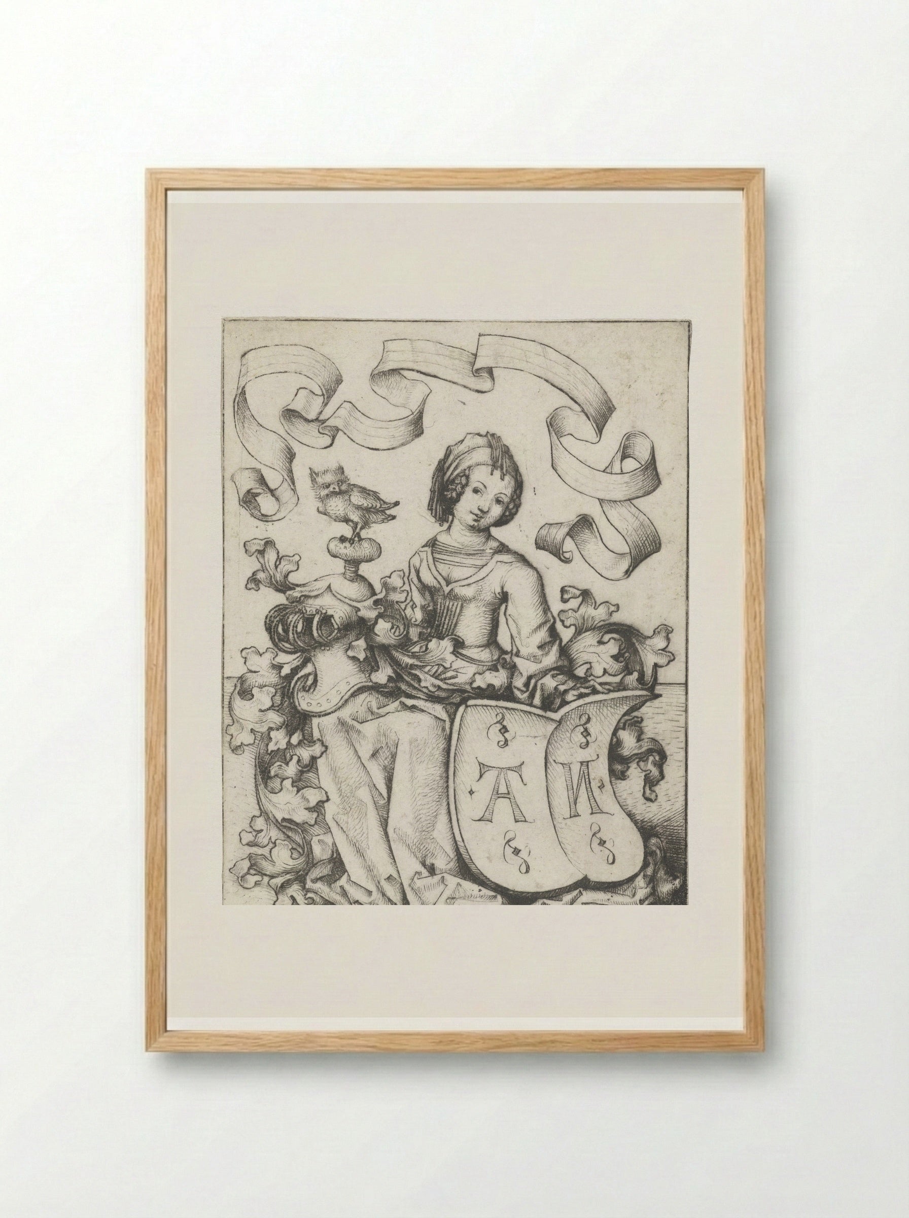 Lady with an Owl and a Coat of Arms with the Letters AN - Meester van het Amsterdamse Kabinet - Framed Print Wood