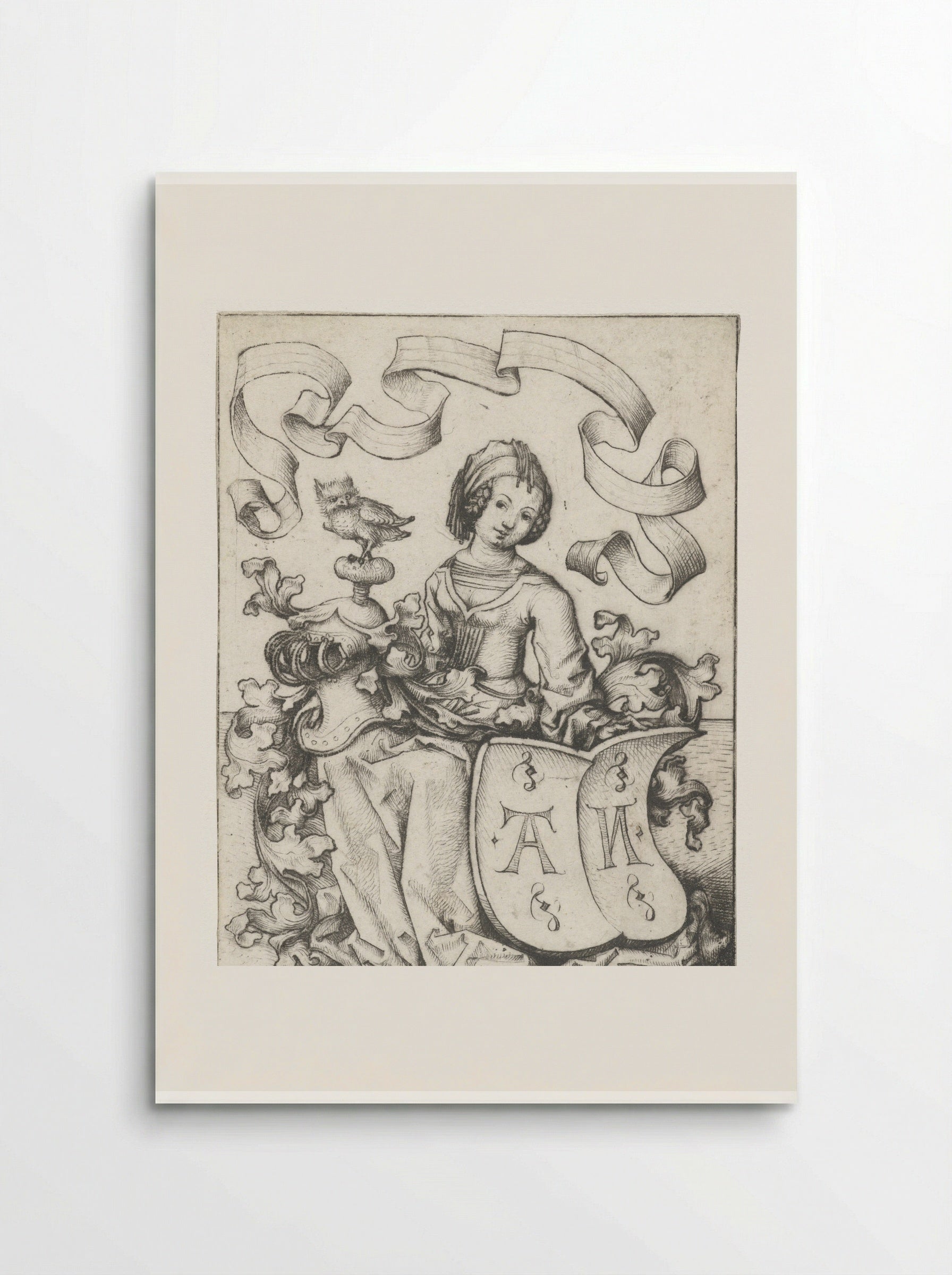 Lady with an Owl and a Coat of Arms with the Letters AN - Meester van het Amsterdamse Kabinet - Poster