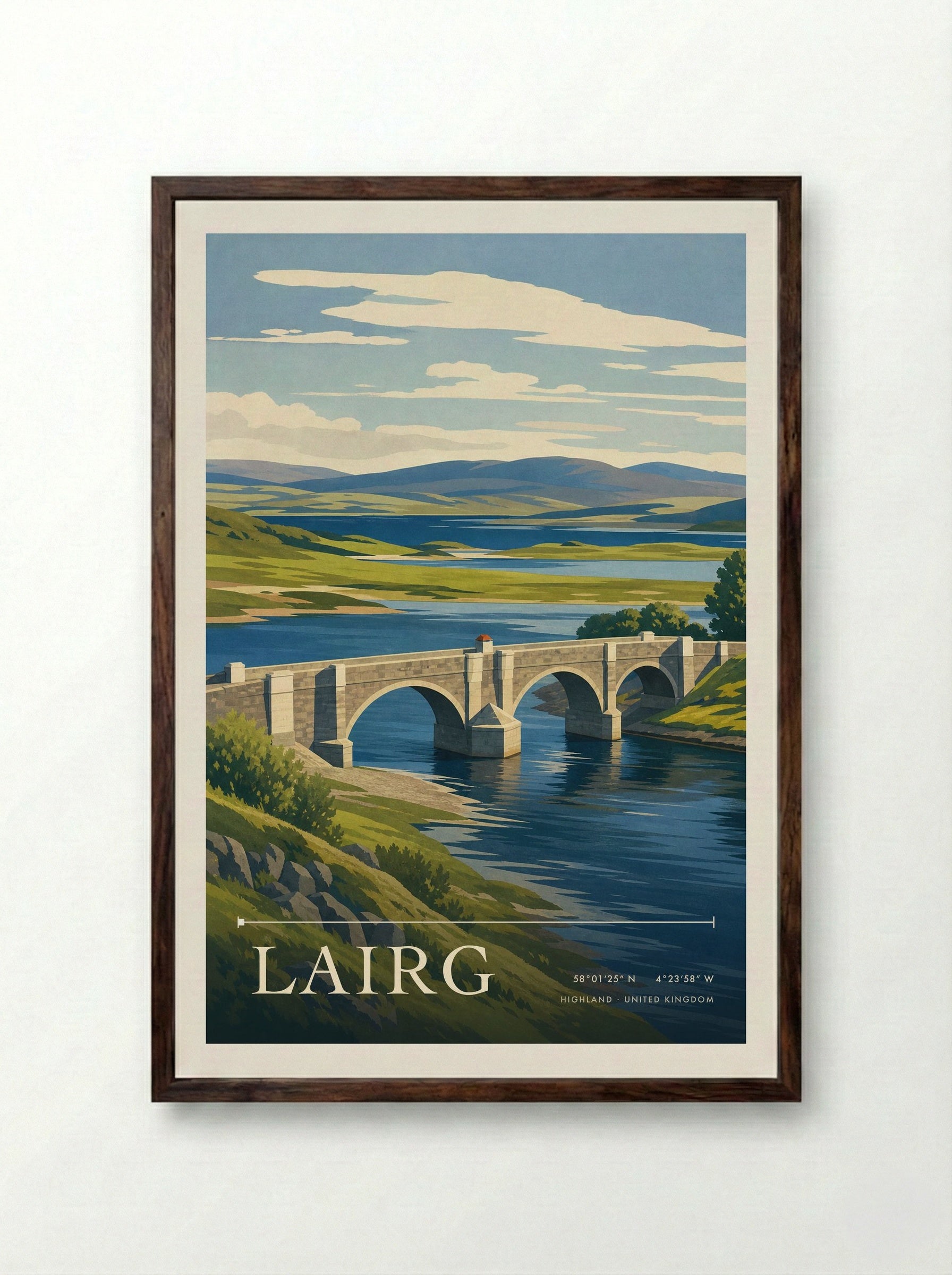 Lairg Highland United Kingdom Travel Poster - Framed Print Dark Wood