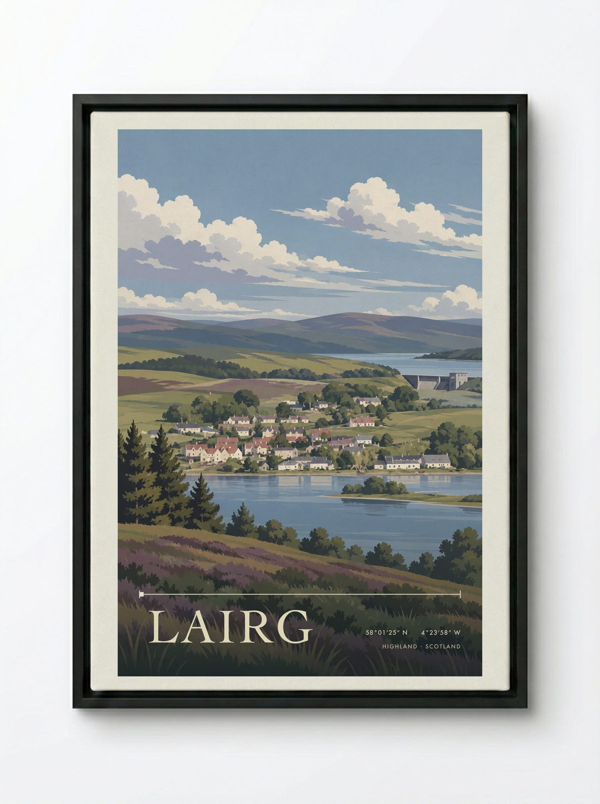 Lairg, Highland | Travel Poster - Framed Canvas Black