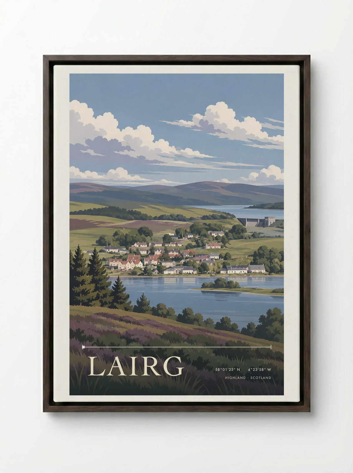 Lairg, Highland | Travel Poster - Framed Canvas Dark Wood