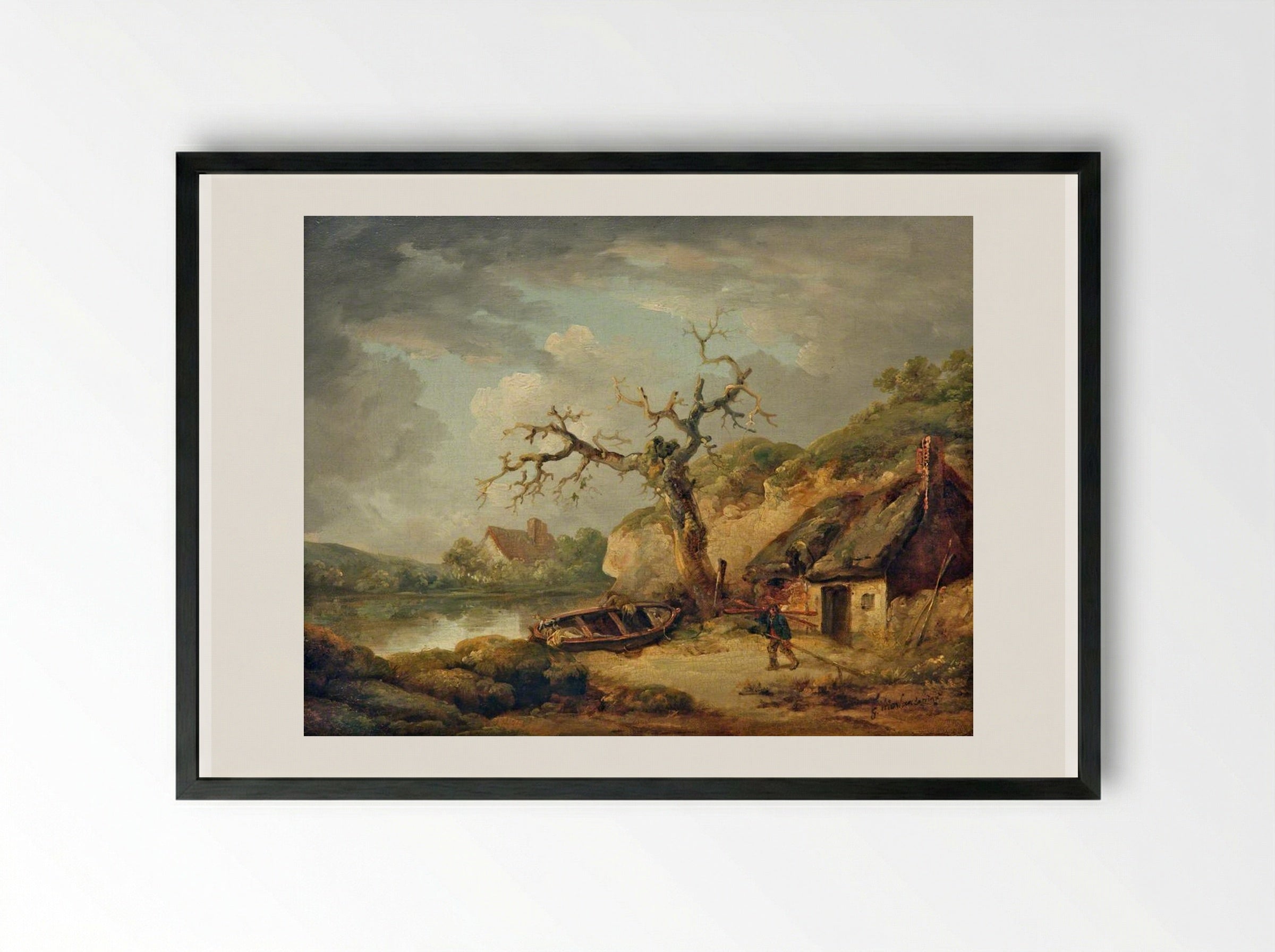Lake Scene and a Cottage - George Morland - Framed Print Black