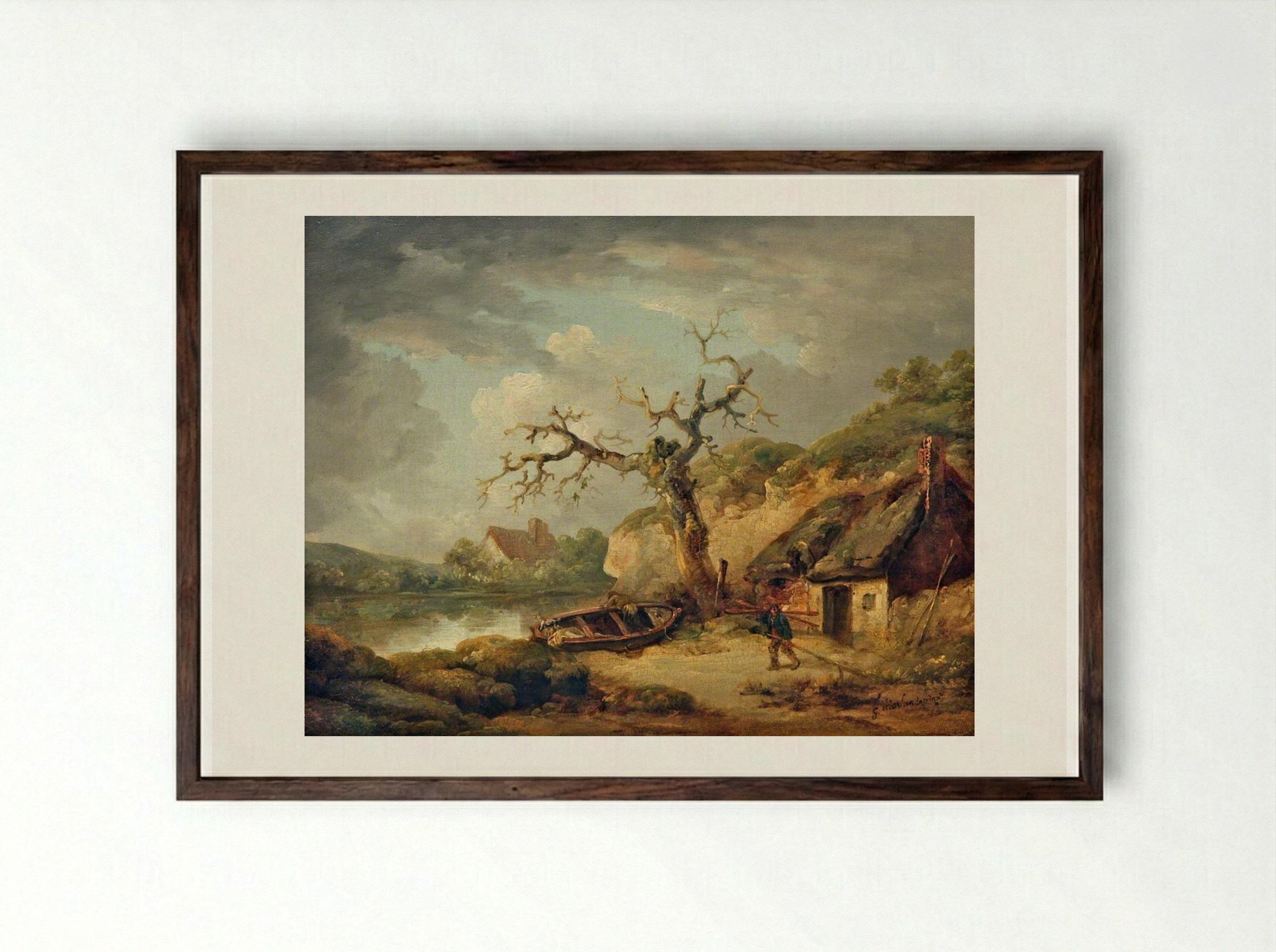 Lake Scene and a Cottage - George Morland - Framed Print Dark Wood