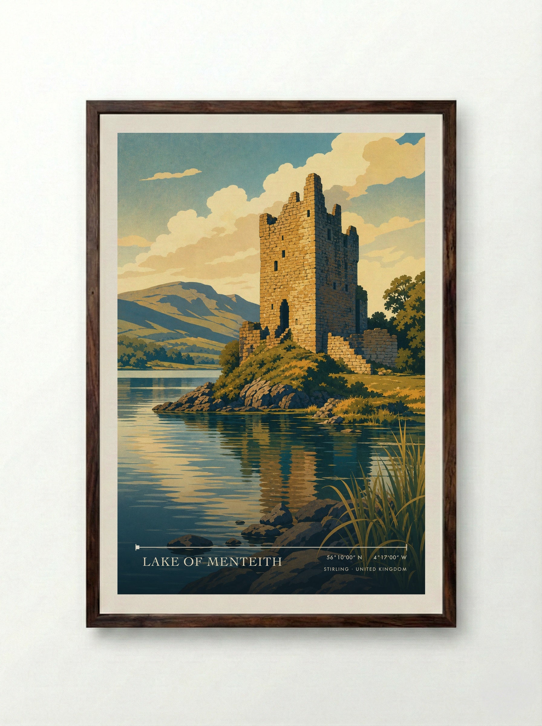 Lake of Menteith Stirling United Kingdom Travel Poster - Framed Print Dark Wood