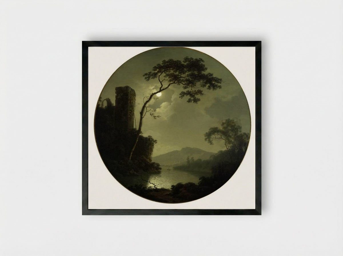 Lake with Castle on a Hill - Joseph Wright of Derby - Framed Print Black