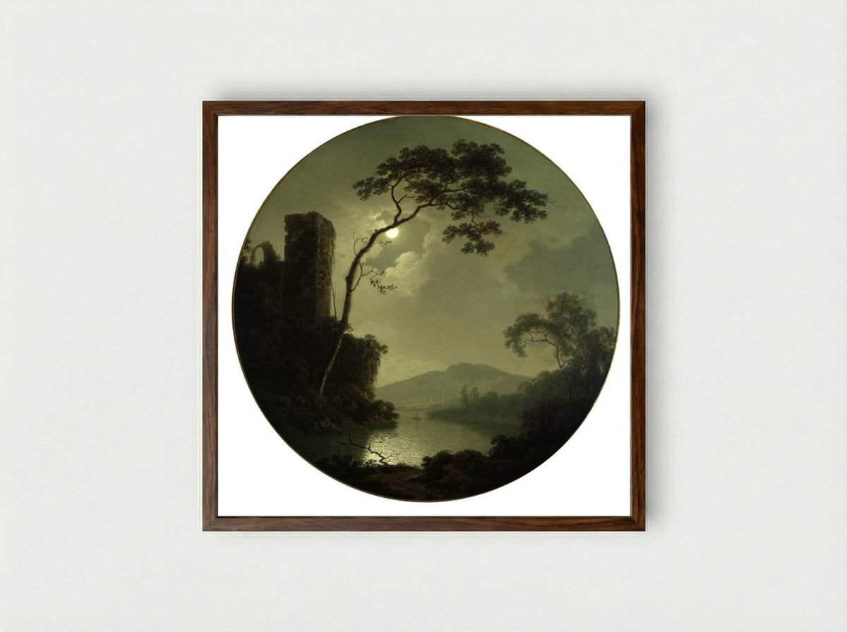 Lake with Castle on a Hill - Joseph Wright of Derby - Framed Print Dark Wood