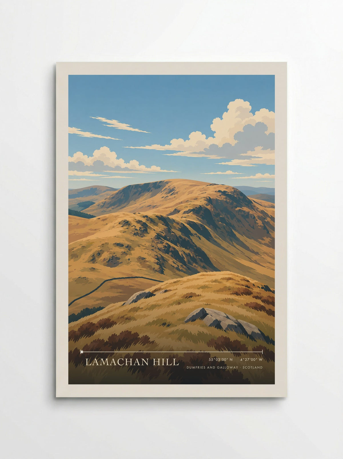 Lamachan Hill, Dumfries and Galloway travel poster: golden upland ridges, dark rocky gullies and pale foreground stones above distant woodland