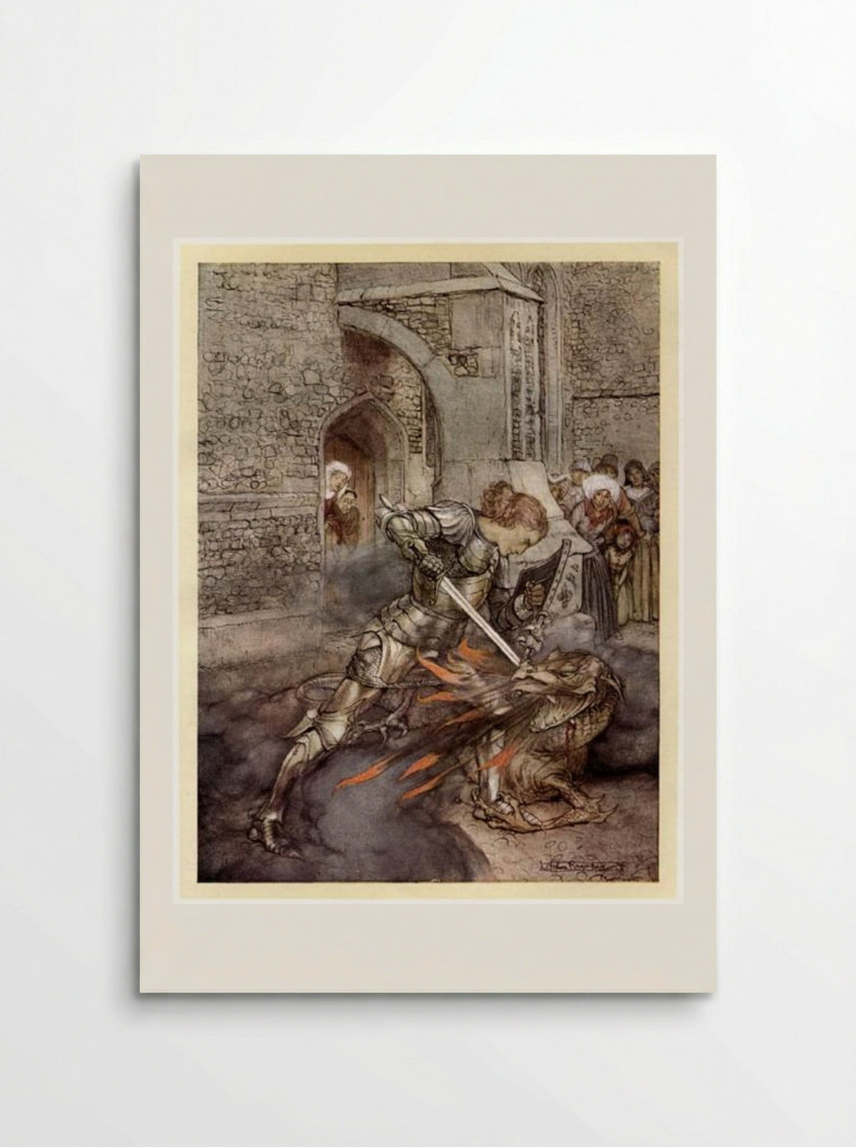 Lancelot fights against a dragon at the Castle of Corbin - Arthur Rackham - Poster