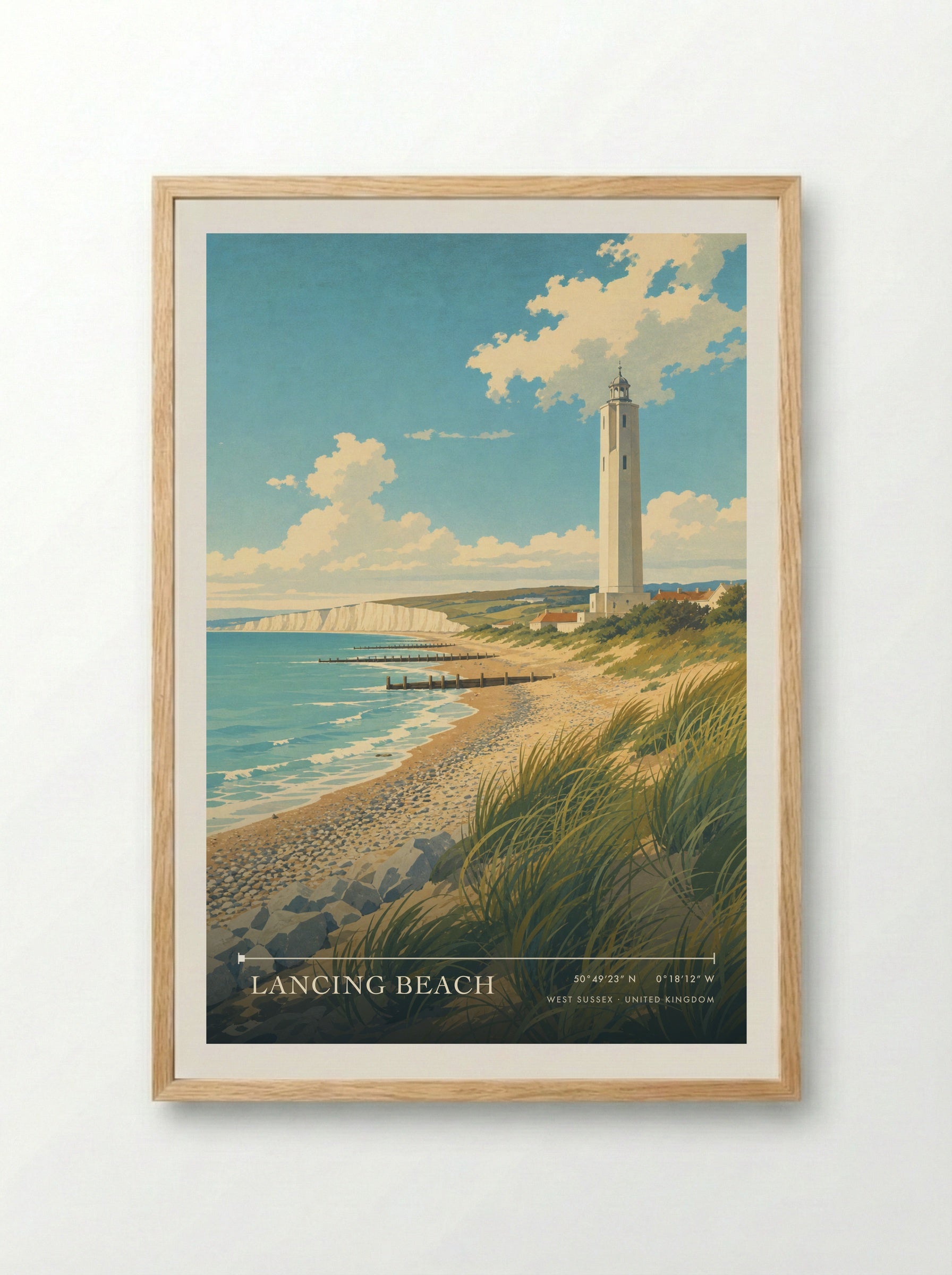 Lancing Beach West Sussex United Kingdom Travel Poster - Framed Print Wood