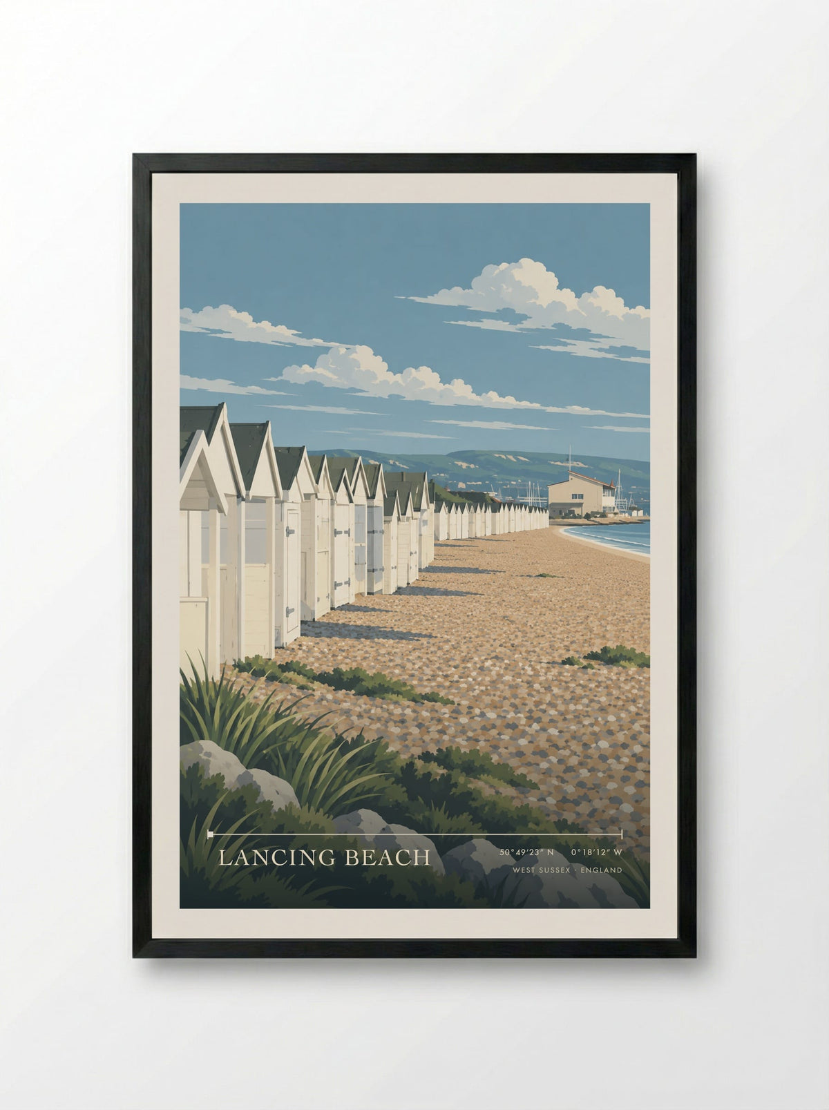 Lancing Beach, West Sussex | Travel Poster - Framed Print Black