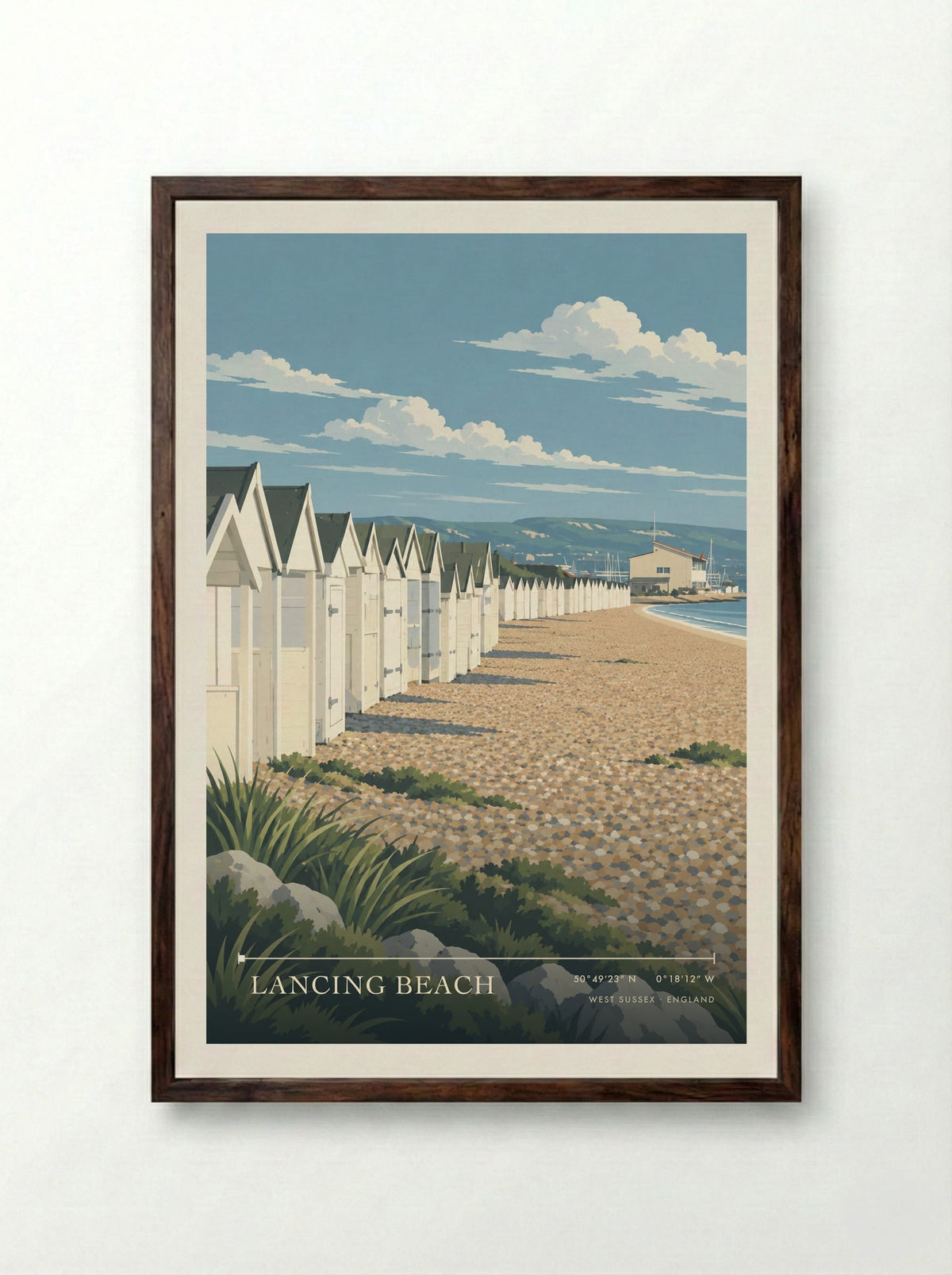 Lancing Beach, West Sussex | Travel Poster - Framed Print Dark Wood