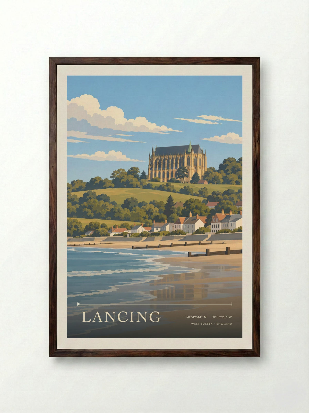 Lancing, West Sussex | Travel Poster - Framed Print Dark Wood