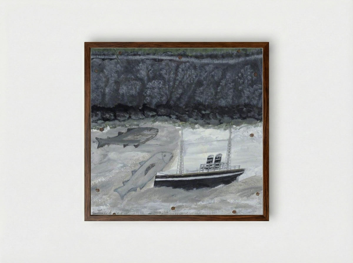 Land, Fish and Motor Vessel - Alfred Wallis - Framed Print Dark Wood
