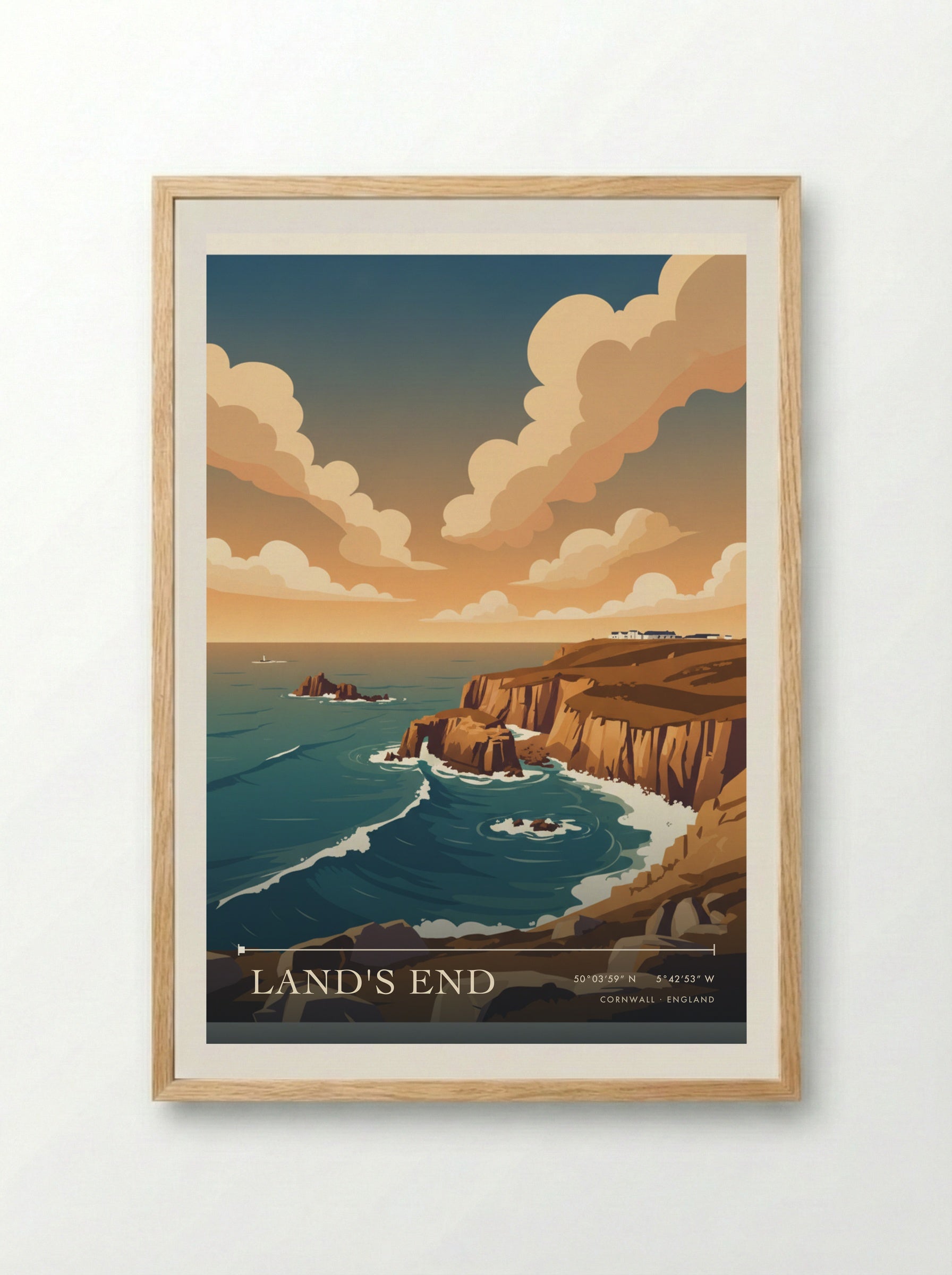 Land's End Cornwall England Travel Poster - Framed Print Wood